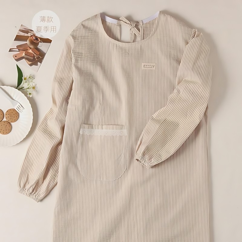 反穿罩衣韩系文艺清新条纹薄透气棉布衣家用厨房围裙防污家务长袖