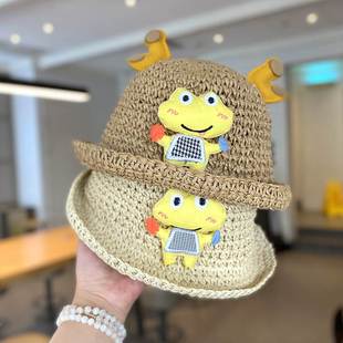 夏季男宝宝草帽薄款儿童遮阳防晒渔夫帽可爱超萌男童编织婴儿帽子