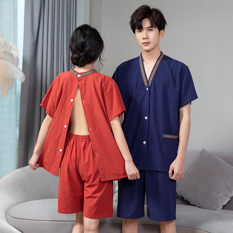 洗浴汗蒸服艾灸服专用女纯棉前后开衫背开理疗针灸按摩男大码开扣