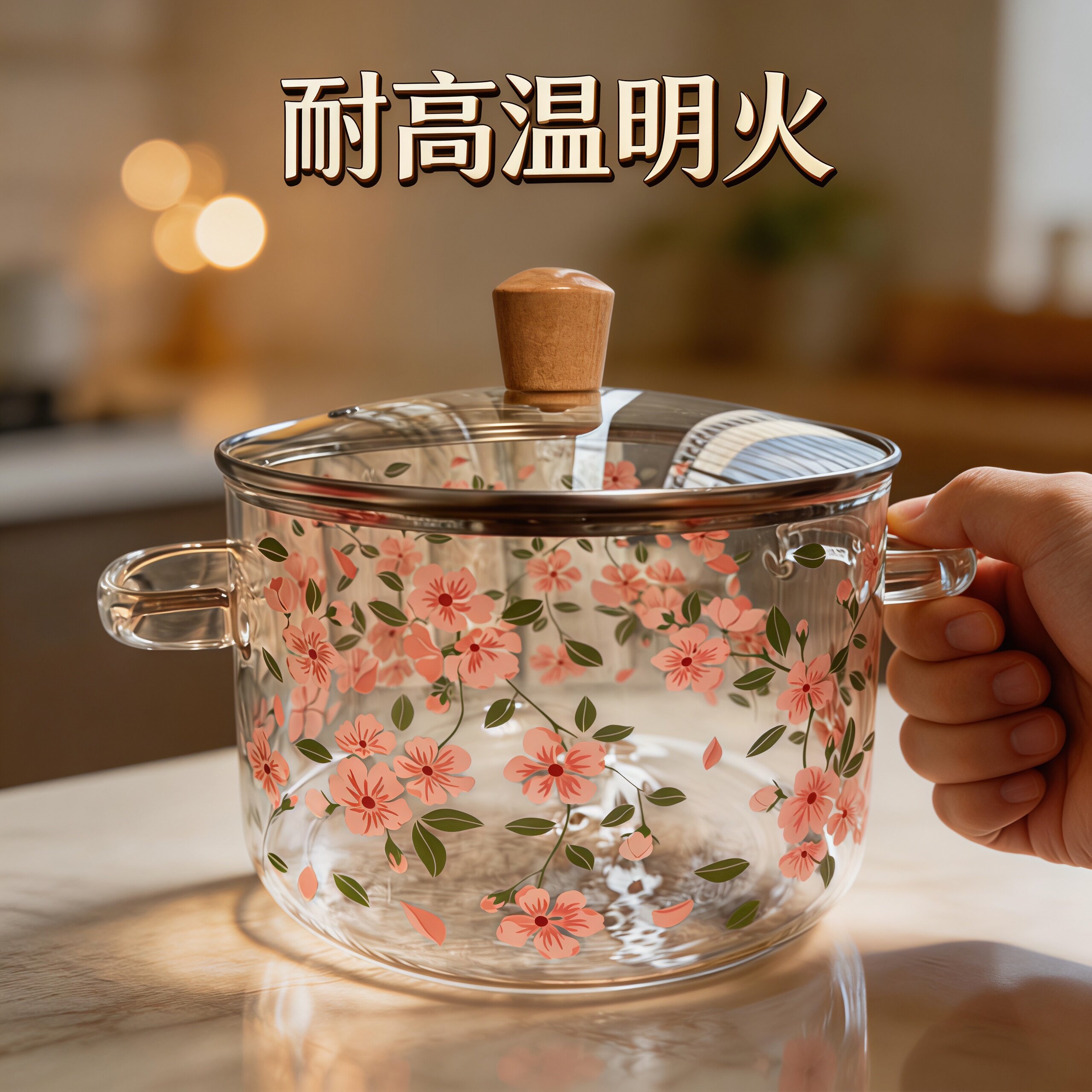 高硼硅玻璃锅3500ml樱花款大汤锅