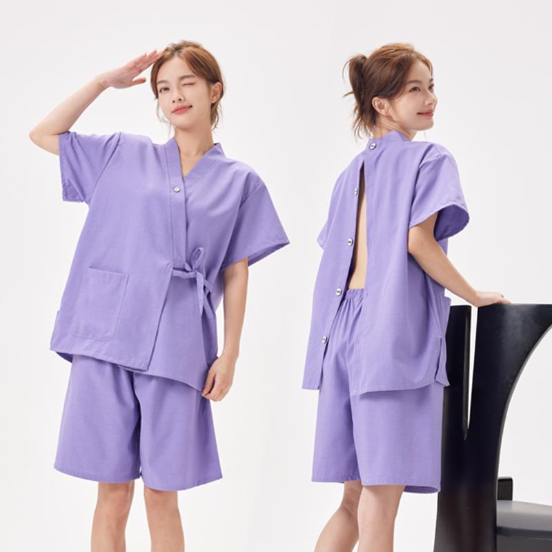 洗浴汗蒸服艾灸服前后开衫后背开扣理疗刮痧客人针灸中医采耳美容