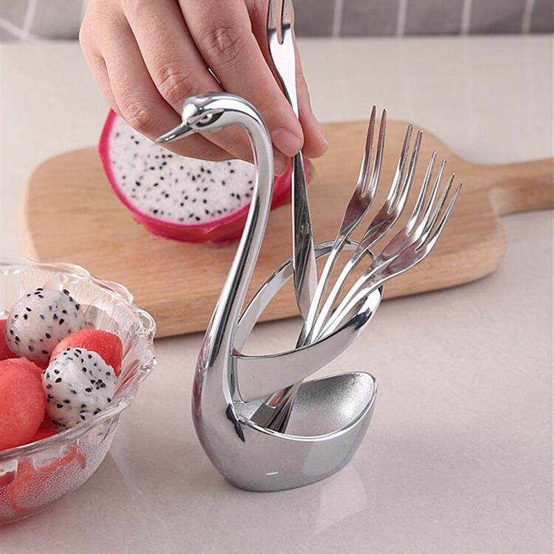 304不锈钢水果叉创意蛋糕月饼甜品叉子可儿童签收纳盒爱水果天鹅