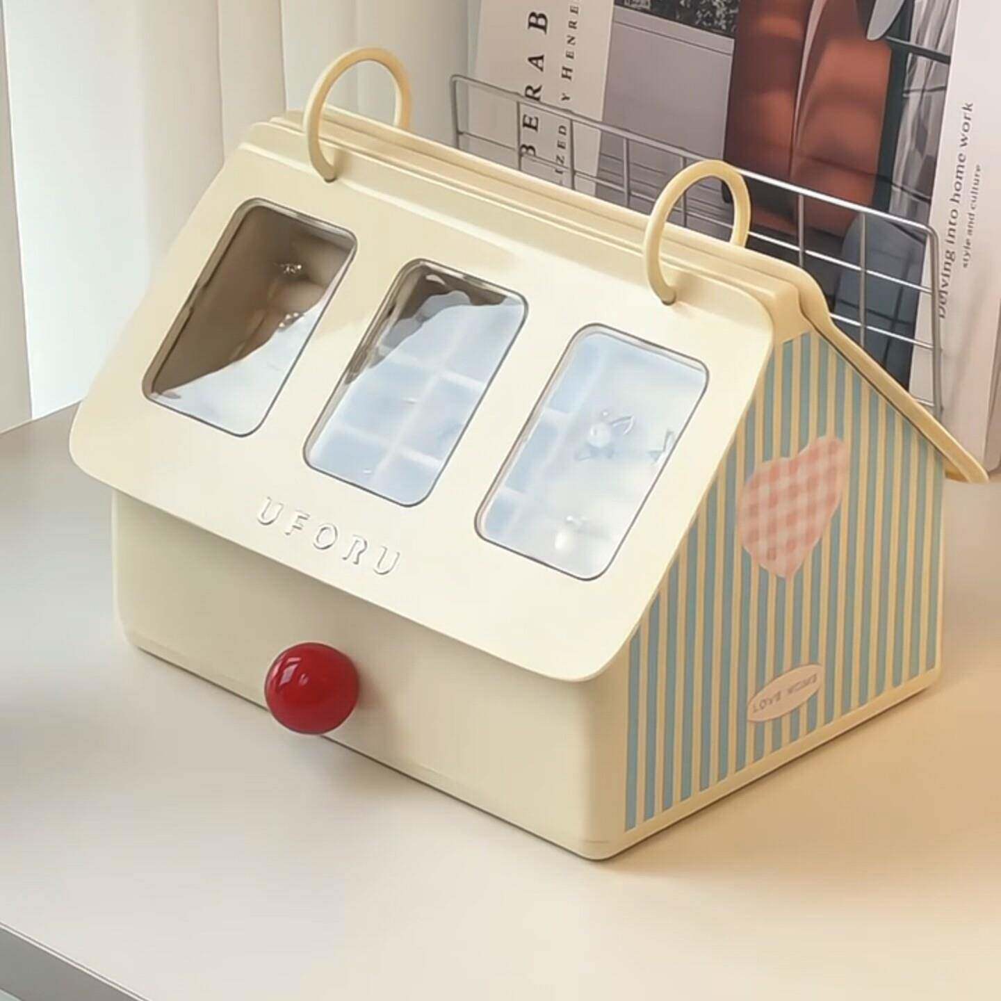 首饰品收纳盒小房子家用创意戒指耳钉大容量翻盖整理盒九宫格储物