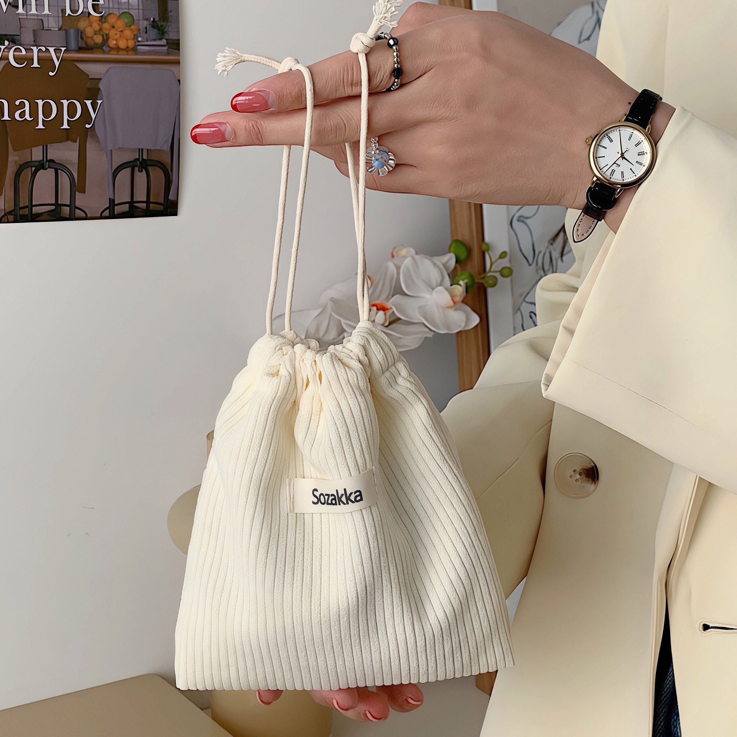 抽绳束口收纳袋少女心灯芯绒帆布