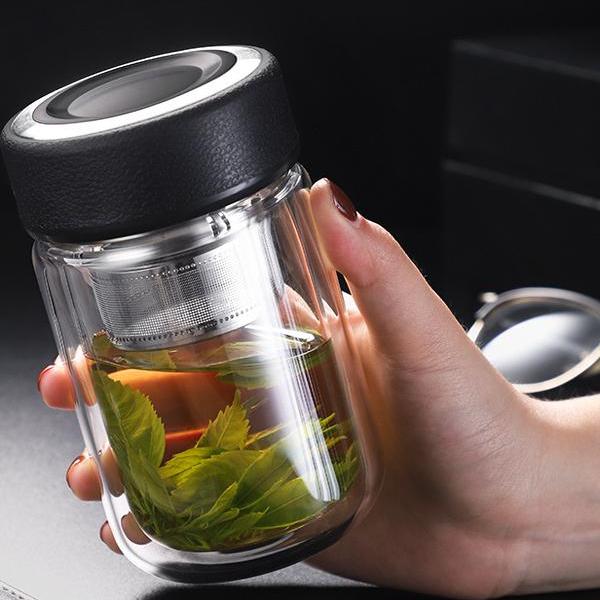 高档皮纹盖双层玻璃杯加厚矮胖水杯子办公泡茶杯男女士迷你带滤网