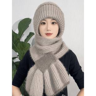 带围脖的一体帽子新款围巾加绒加厚女冬季毛线编织风雪帽松鼠绒保