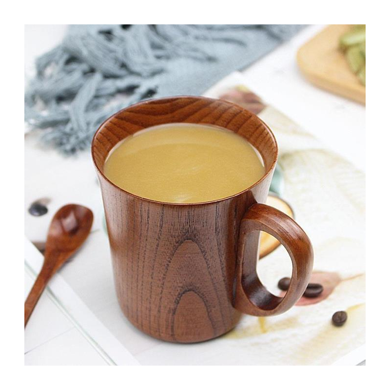 日式复古实木杯子带盖勺木制手柄咖啡杯木质泡茶杯学生原木手工杯