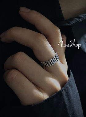 ions shop 做旧城墙s925纯银冷淡风食指可调戒指男女情侣开口个性