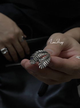 ions shop 双层精雕羽毛做旧大码纯银戒指男女小众树叶复古冷淡风