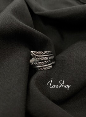 ions shop 羽毛个性做旧食指s925纯银戒指复古情侣可调节异形尾戒