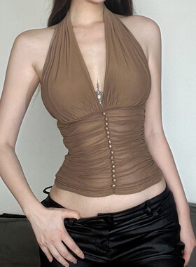 Hanging neck, camisole, vest, mesh top挂脖吊带背心网纱上衣女