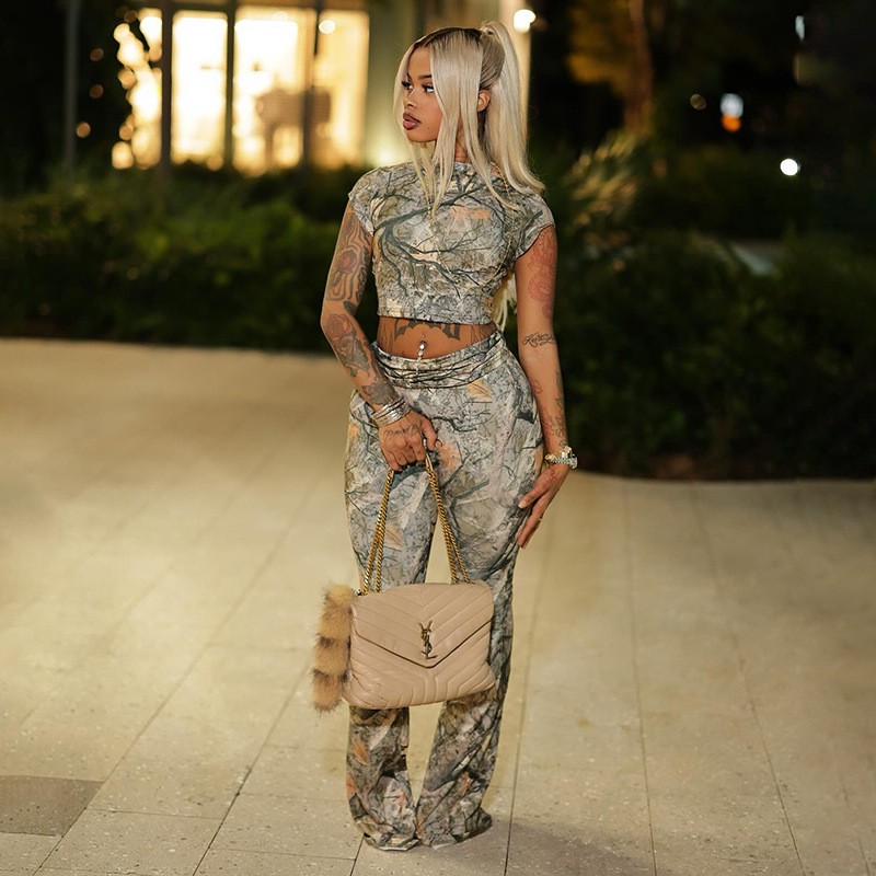 露脐上衣翻折长裤两件套装