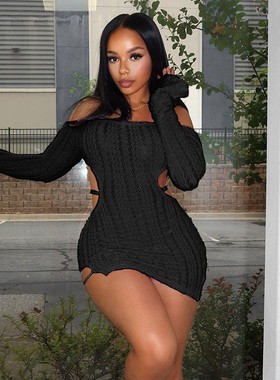 Knitted high waisted slim fit short dress针织高腰短款连衣裙