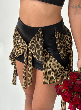 Leopard print bow mini leather short skirt豹纹蝴蝶结皮革短裙
