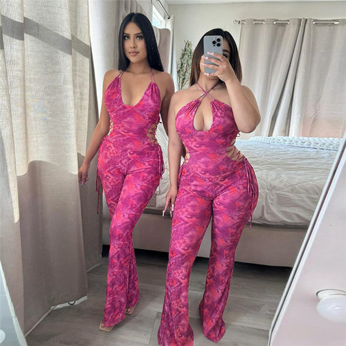 Low cut backless neck strap jumpsuit低胸露背绑带挂脖连体裤女
