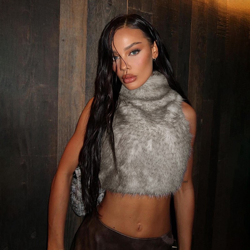 露脐毛背心拉链套头短上衣