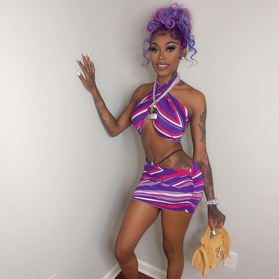 无袖撞色印花上衣短裙欧美