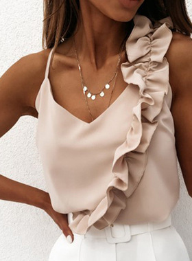 Casual backless ruffle edge camisole top休闲露背荷叶边上衣女