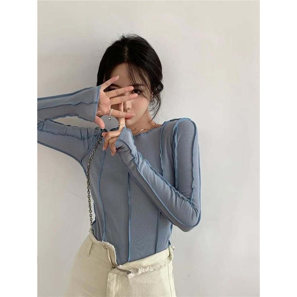 Sexy long sleeved solid color base T-shirt性感长袖打底T恤女