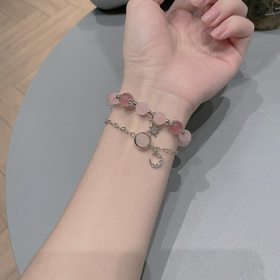 Hucu草莓晶手链女新款小众礼物粉红色水晶桃花闺蜜手串银饰品天然 虎窝淘