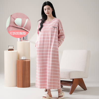 长款带胸垫纯棉睡裙，可穿至脚踝