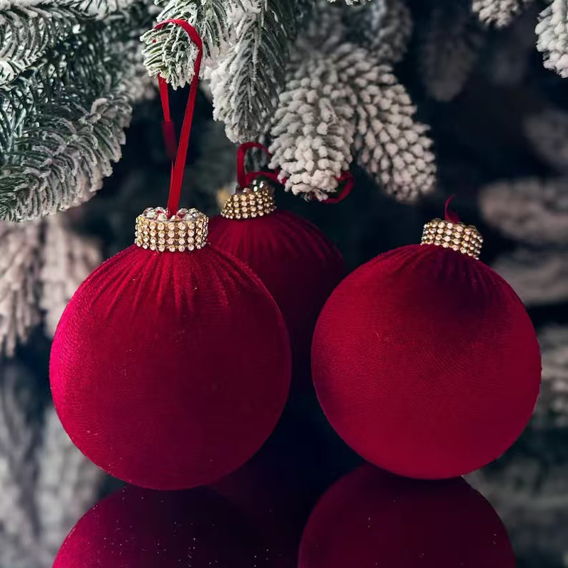 ins风酒红色绒球圣诞球挂饰diy圣诞树挂件