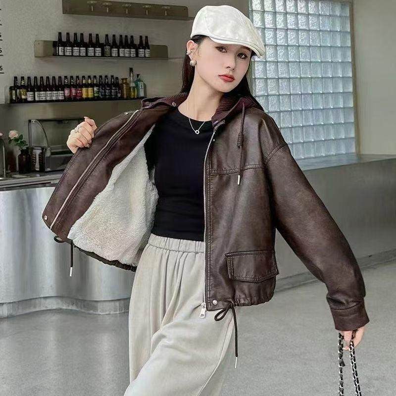 加绒加厚保暖皮衣夹克女