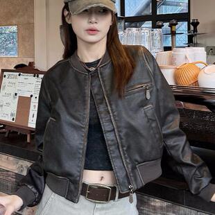 复古拉德外套皮夹克百搭上衣 机车皮衣夹克女新款 手工擦色美式 短款