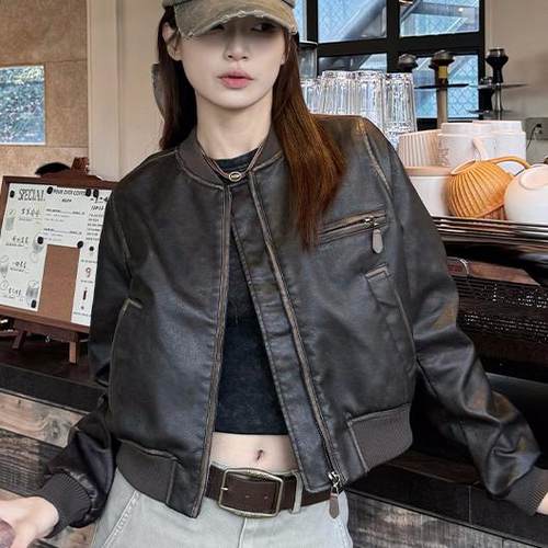 手工擦色美式短款机车皮衣夹克女