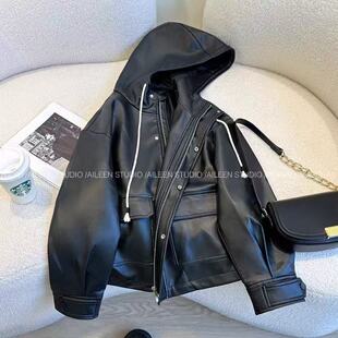 黑色连帽皮夹克女2025春装新款韩版时尚洋气高级感百搭pu皮衣外套