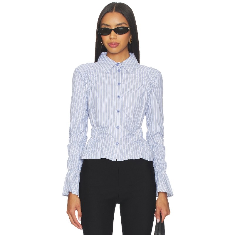 [冬季新品]LIONESS MANOR 简约蓝色修身条纹衬衫日常百搭REVOLVE