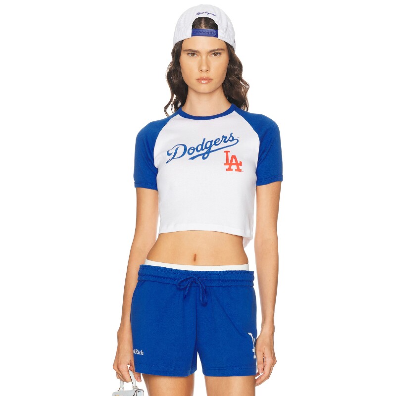 Sporty & Rich白拼蓝上衣字母印花辣妹风早秋新品T恤REVOLVE
