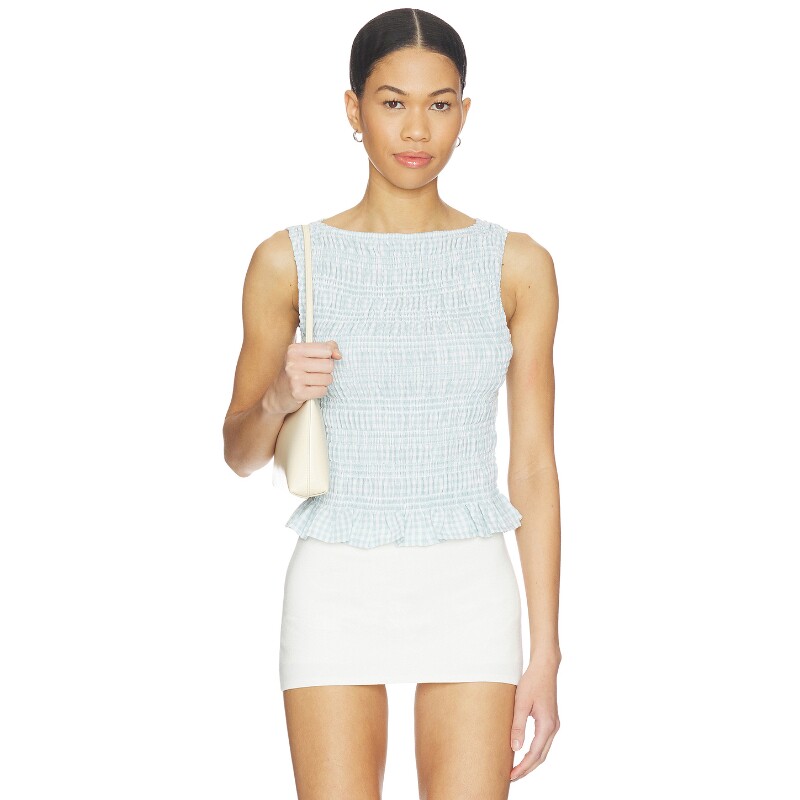 [早秋新品]Elodie the Label浅蓝背心格纹荷叶边甜美装REVOLVE
