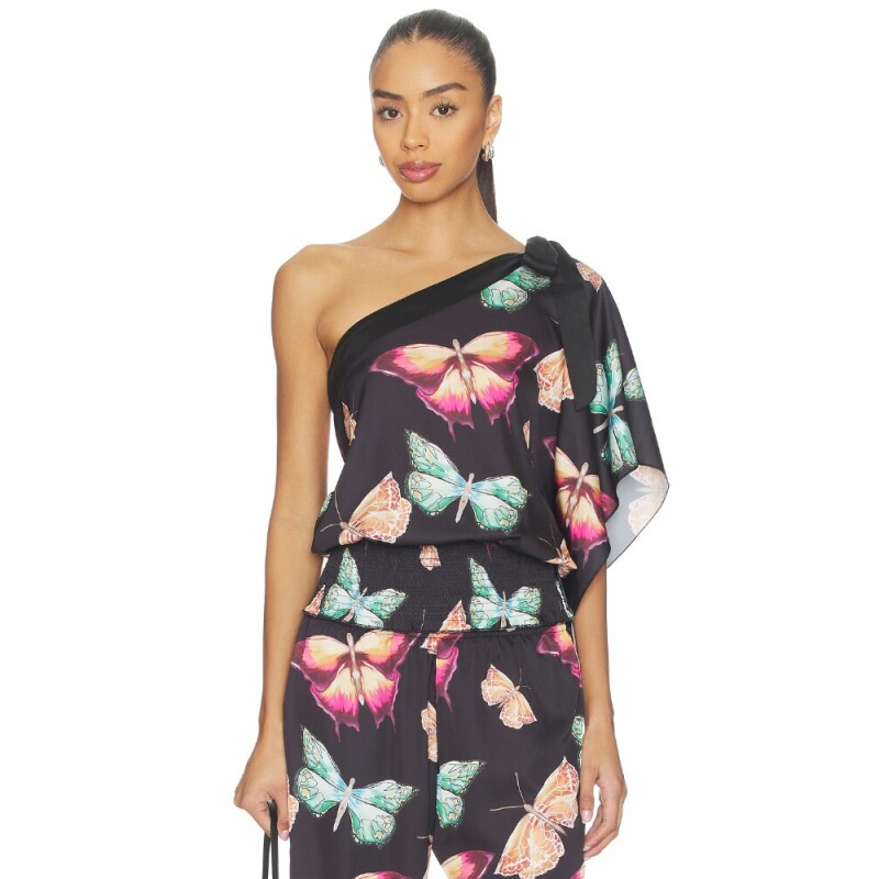[早秋新品]Juliet Johnstone黑色衬衫印花缎面度假上装REVOLVE