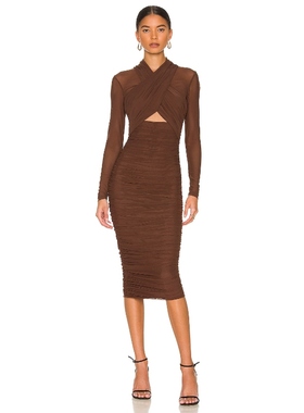 Bardot连衣裙长袖交叉绑带轻薄修身褶皱气质美拉德长裙子REVOLVE