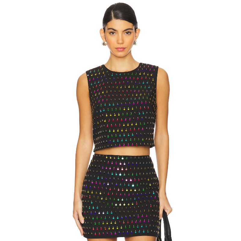 MILLY IIANA SEQUINS BEADED 无袖上装 黑色 y2k辣妹风REVOLVE小