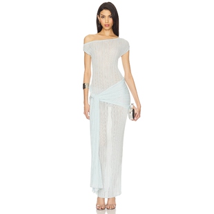 Camila Coelho 裙子 蓝色设计感修身斜肩半透明长裙REVOLVE新款