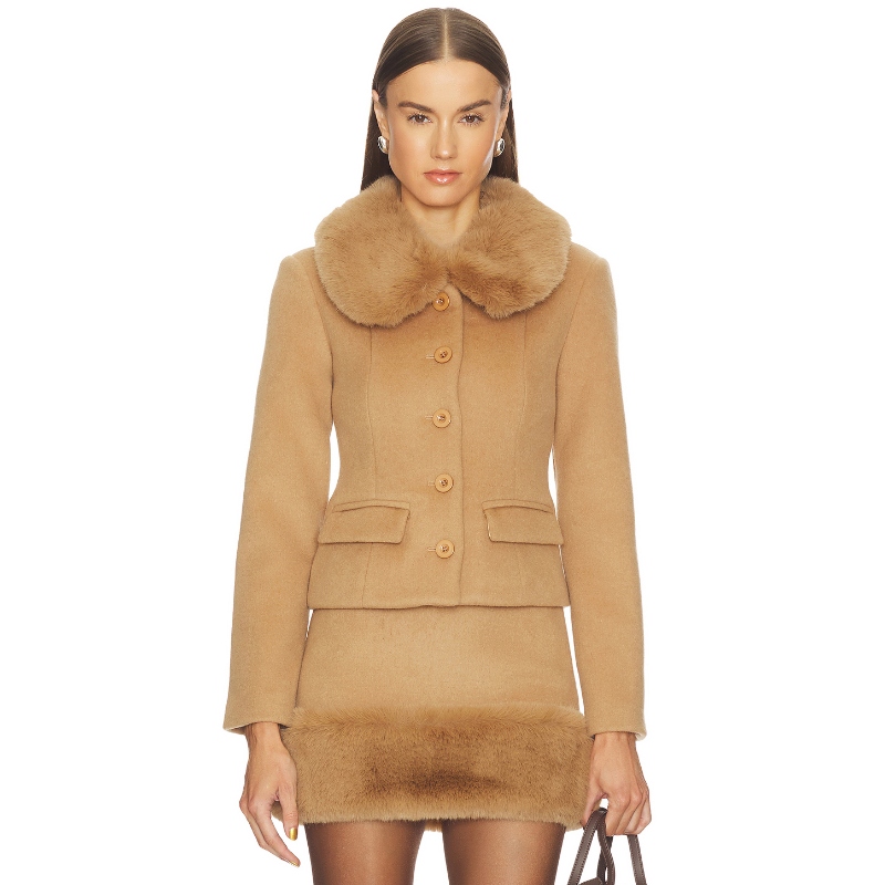 LOBA 夹克上衣米色老钱风复古毛领秋冬保暖短外套REVOLVE小众新款