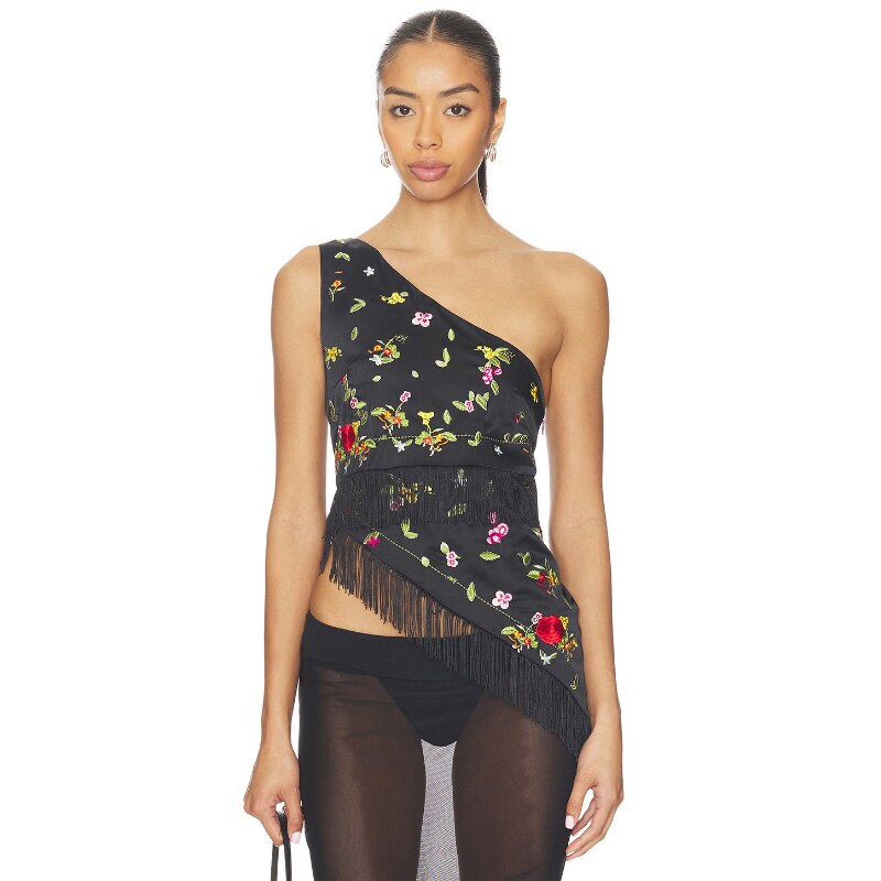 [冬季新品]NIIHAI流苏上装辣妹风黑色碎花单肩修身短上衣REVOLVE