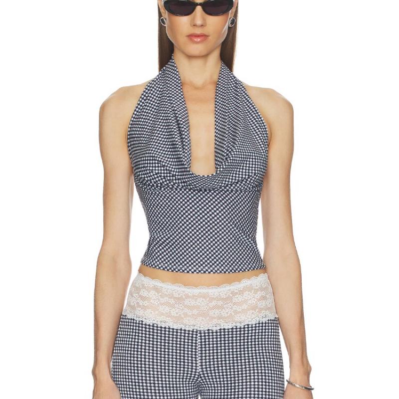 [早秋新品]Frankies Bikinis黑白背心格纹挂脖辣妹上装REVOLVE