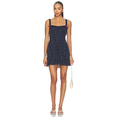 GUIZIO藏青连衣裙波点蝴蝶结甜美风夏季新款迷你裙REVOLVE