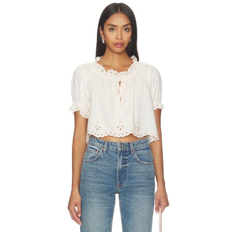 [夏季新品]Lovers and Friends白色T恤荷叶边绑带甜美上装REVOLVE
