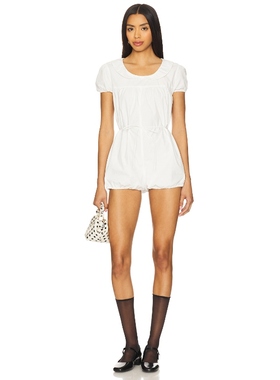 LIONESS RIPTIDE白色荷叶边圆领泡泡袖收腰系带短袖连体裤REVOLVE