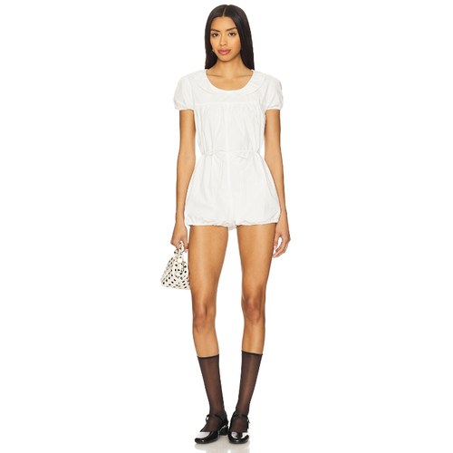 LIONESS RIPTIDE白色荷叶边圆领泡泡袖收腰系带短袖连体裤REVOLVE