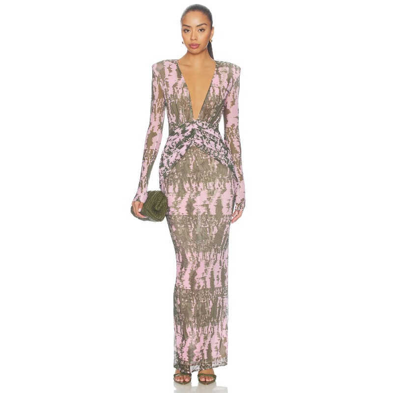 PatBO拼色连衣裙扎染印花深V领优雅风秋冬新品长袖长裙REVOLVE