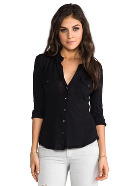 James Perse 黑色衬衫设计感修身Polo领上衣通勤风REVOLVE新款