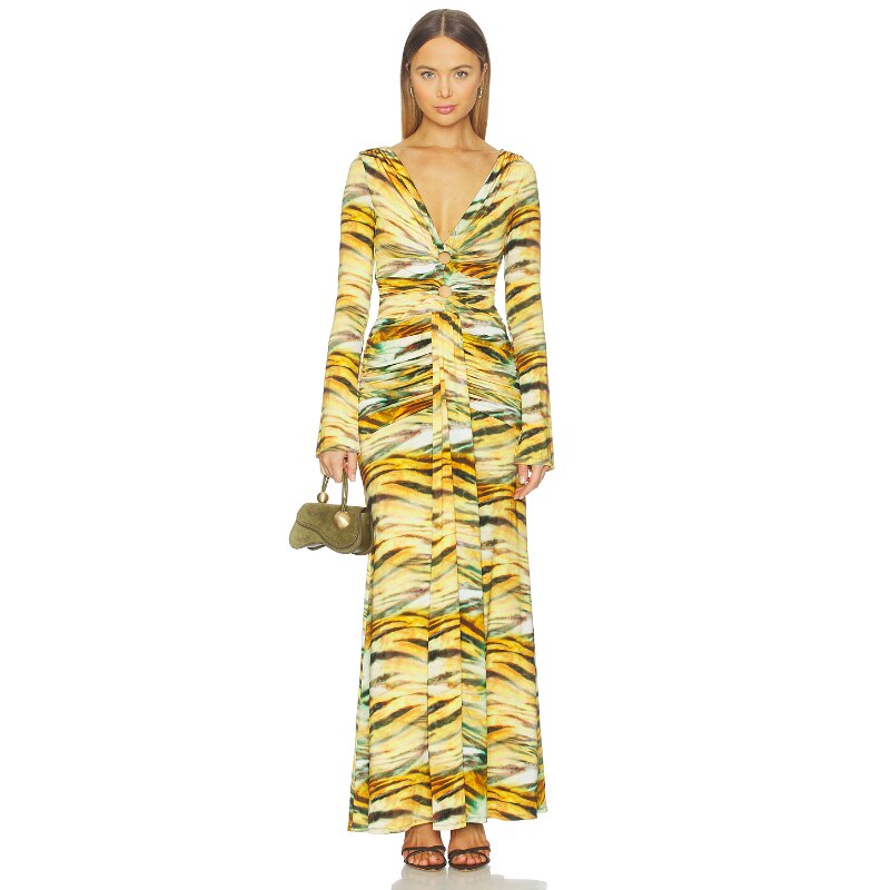 AFRM早秋新品黄色连衣裙印花深V辣妹风短款休闲长裙REVOLVE