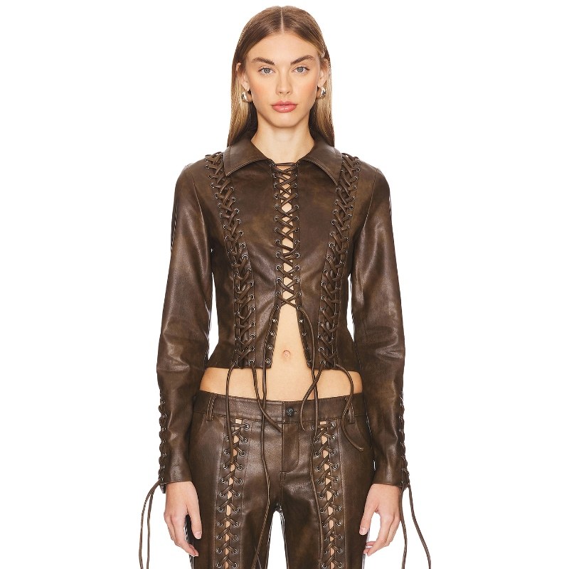 [冬季新品]LOBA 夹克棕色美拉德休闲风机车皮衣绑带外套REVOLVE,女装/女士精品,皮衣,淘宝优惠券,粉丝福利购,淘宝优惠卷