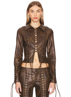 [春季新品]LOBA 夹克棕色美拉德休闲风机车皮衣绑带外套REVOLVE