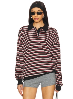 LIONESS 长袖T恤上装黑红色条纹复古轻薄针织上R美国官网直邮进口